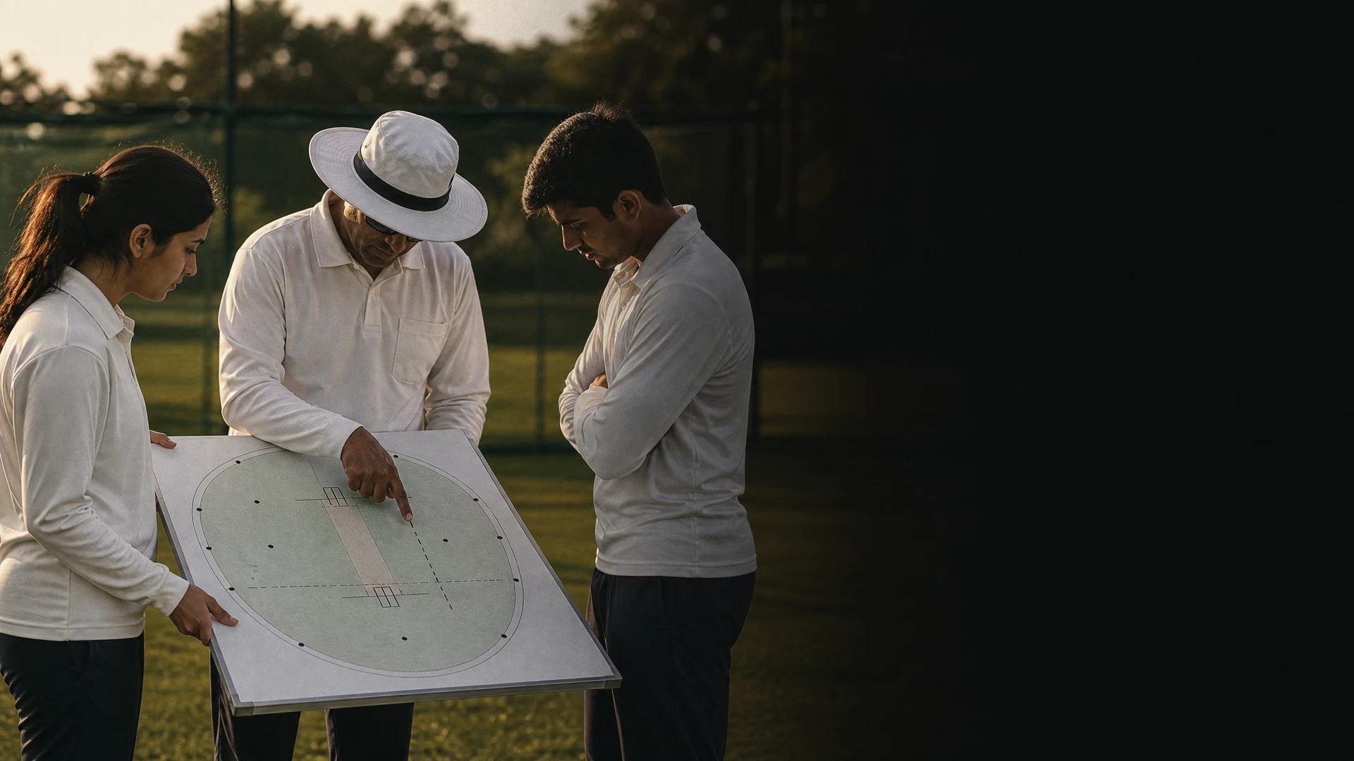 Cricket learners studying a field and decision diagram
